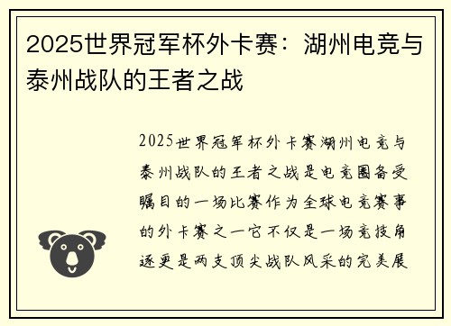 2025世界冠军杯外卡赛：湖州电竞与泰州战队的王者之战